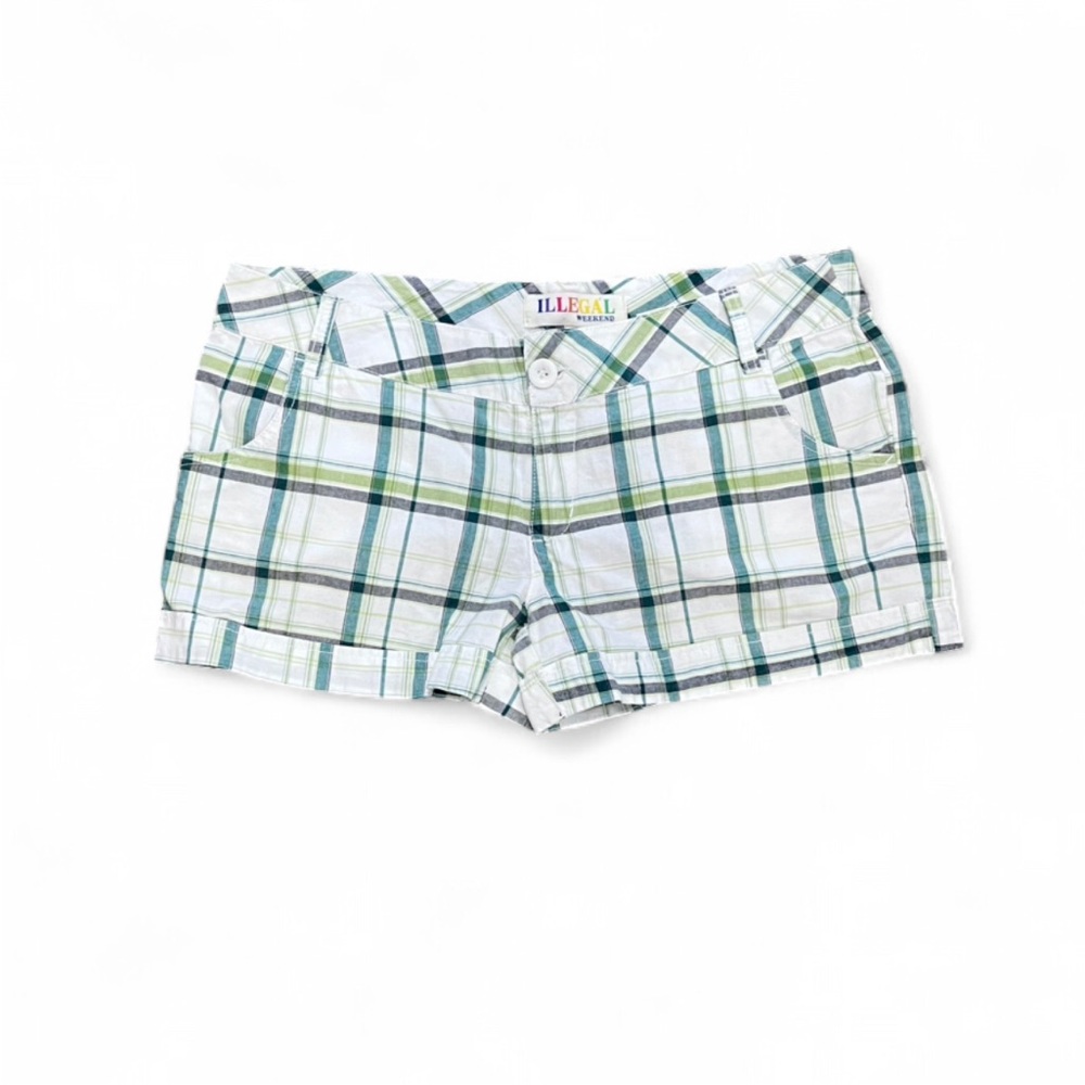 Illegal Brand Plaid Cotton Mini Shorts in White and Green
